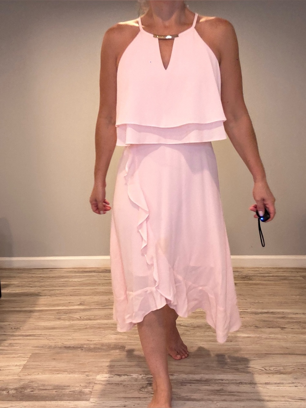 Kensie Blush Pink Halter Ruffle Midi Dress